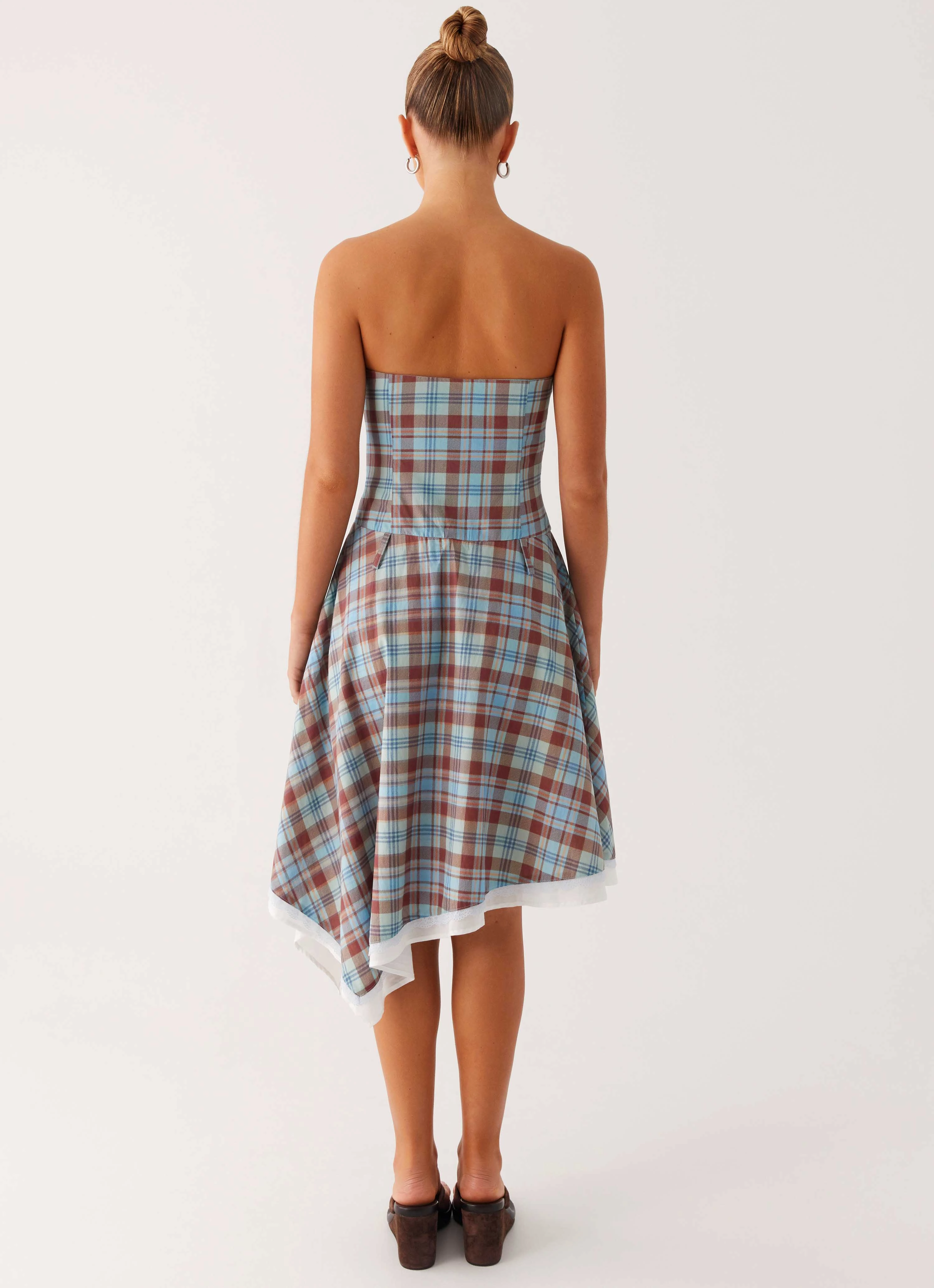Tonie Strapless Midi Dress - Shoreline Check Work Fit Button Accent