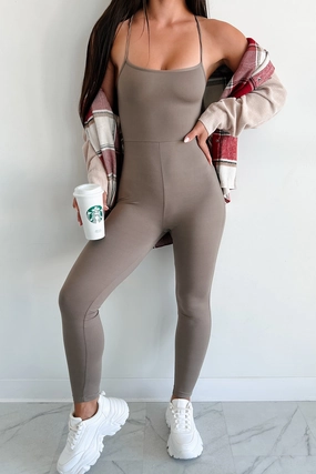 Time To Walk Away Lace-Up Back Jumpsuit (Taupe) Quick Dry Performance HeatRegulating