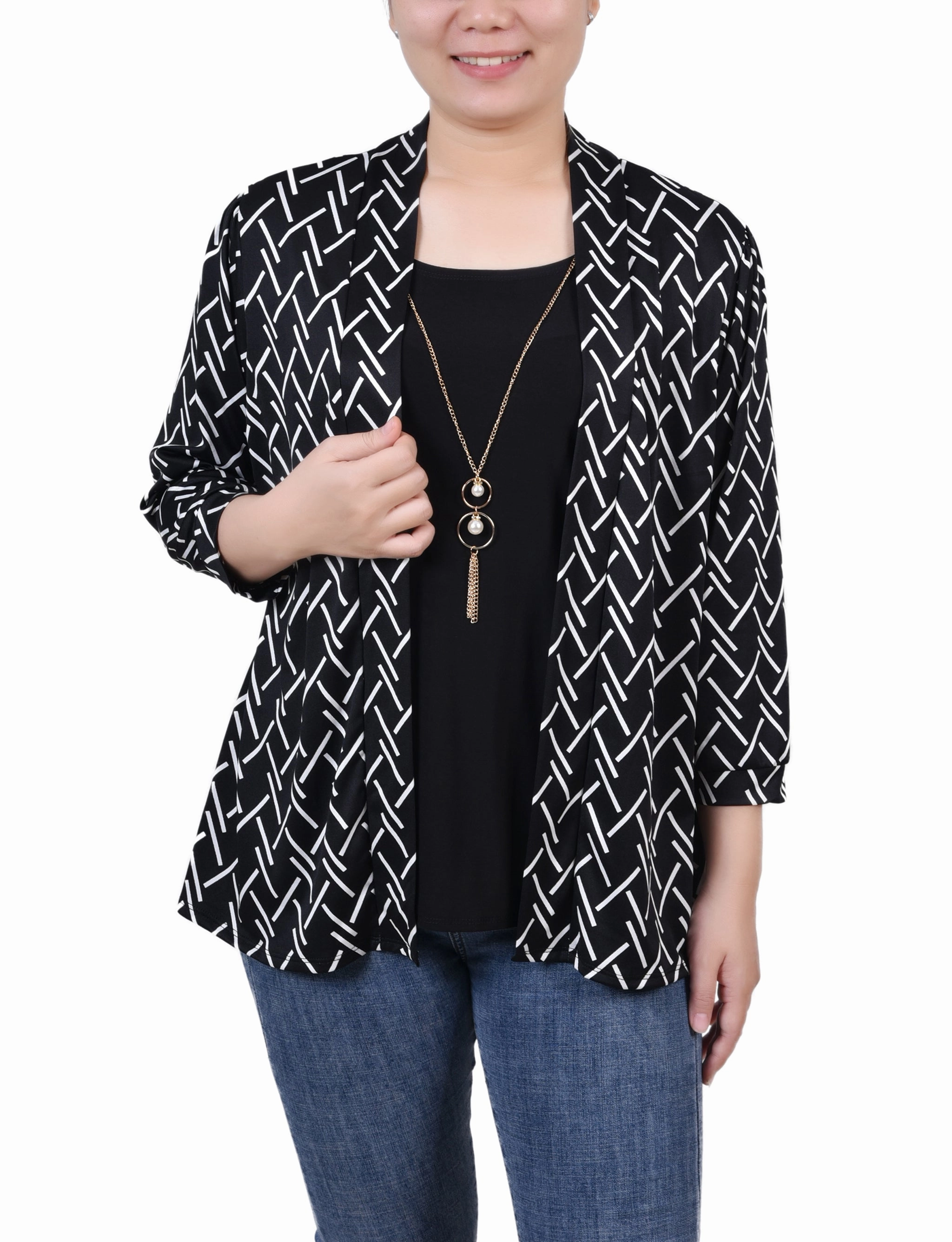 3/4 Sleeve Two-Fer Top Simple Cut Curved Hem