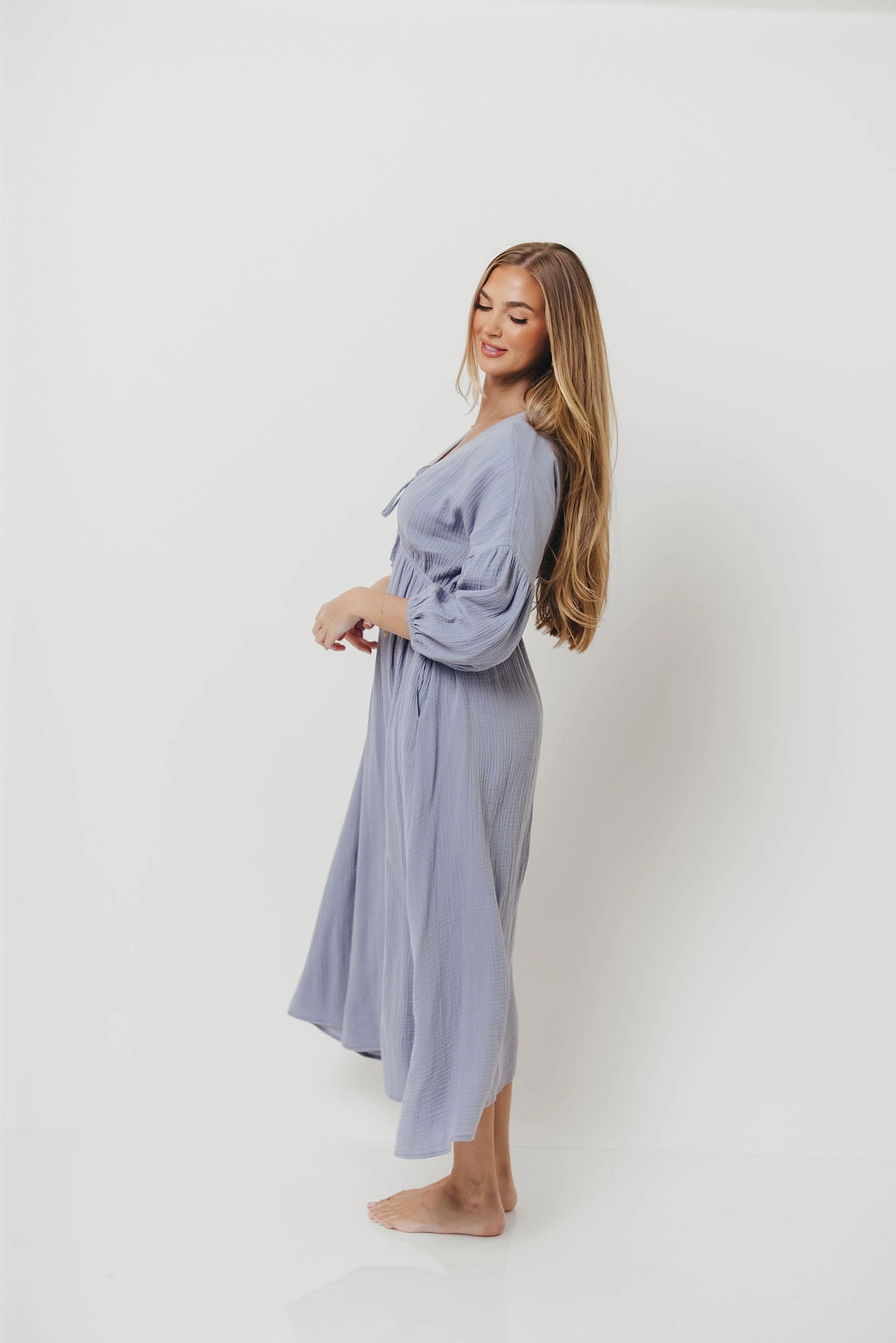 Hunter 100% Cotton Gauze Midi Dress in Blue - Bump Friendly Essential Piece