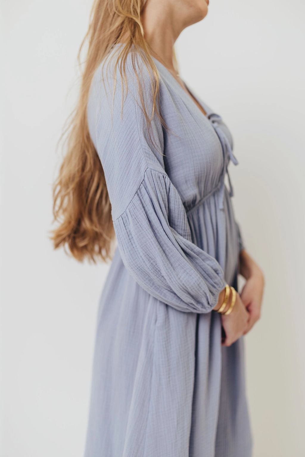 Hunter 100% Cotton Gauze Midi Dress in Blue - Bump Friendly Smart Cut