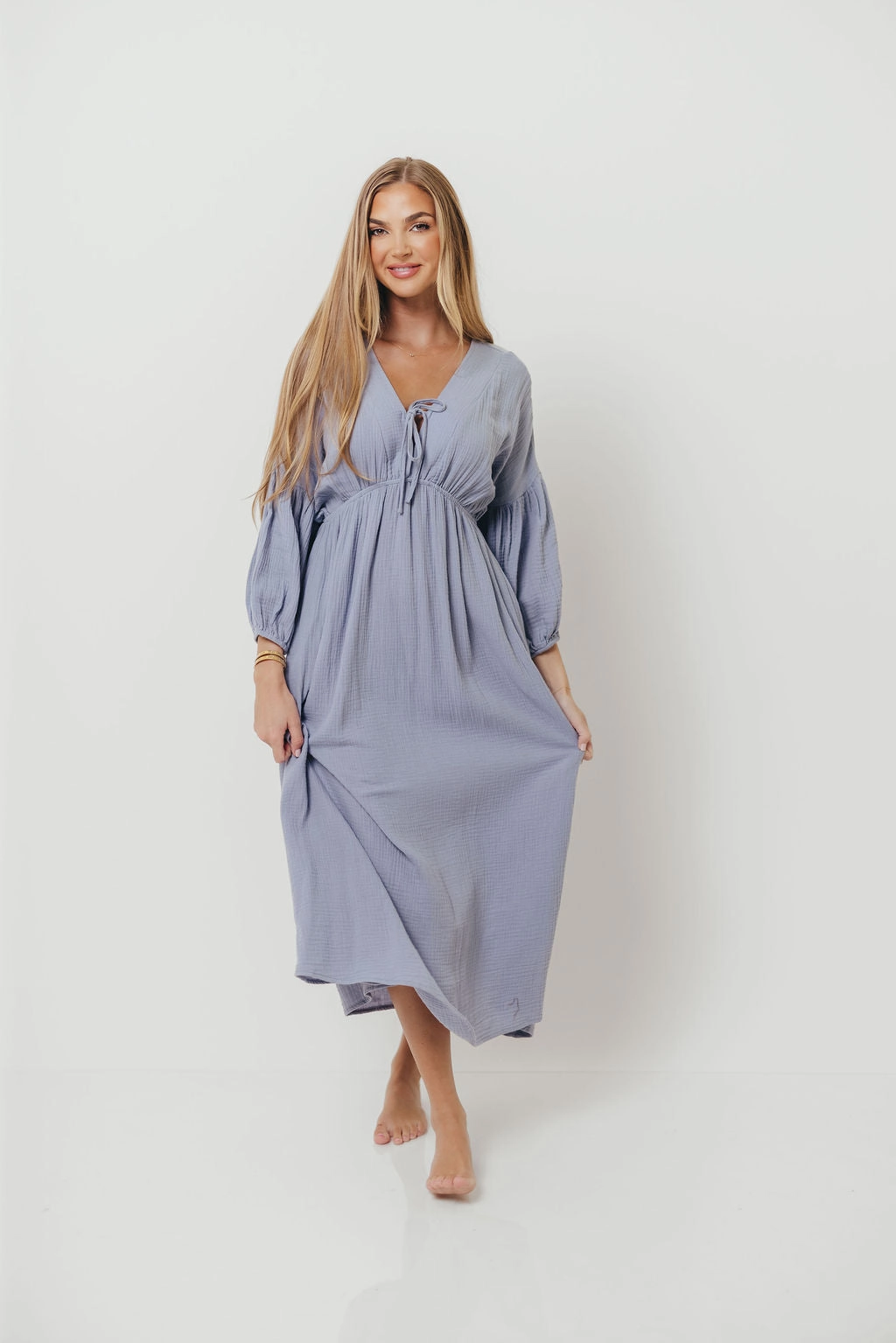 Elegant Waist Design Hunter 100% Cotton Gauze Midi Dress in Blue - Bump Friendly