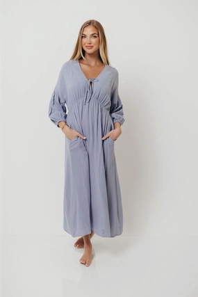 Smart and Polished Sleek long-sleeve dress Hunter 100% Cotton Gauze Midi Dress in Blue - Bump Friendly