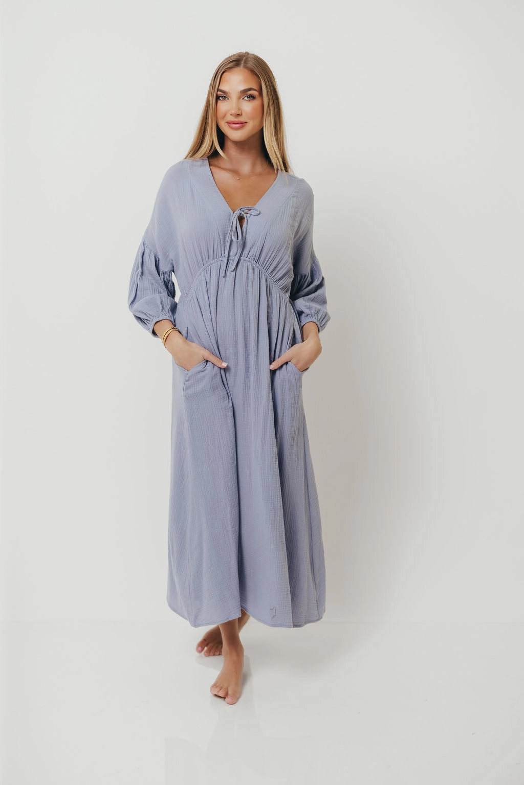 Smart and Polished Sleek long-sleeve dress Hunter 100% Cotton Gauze Midi Dress in Blue - Bump Friendly