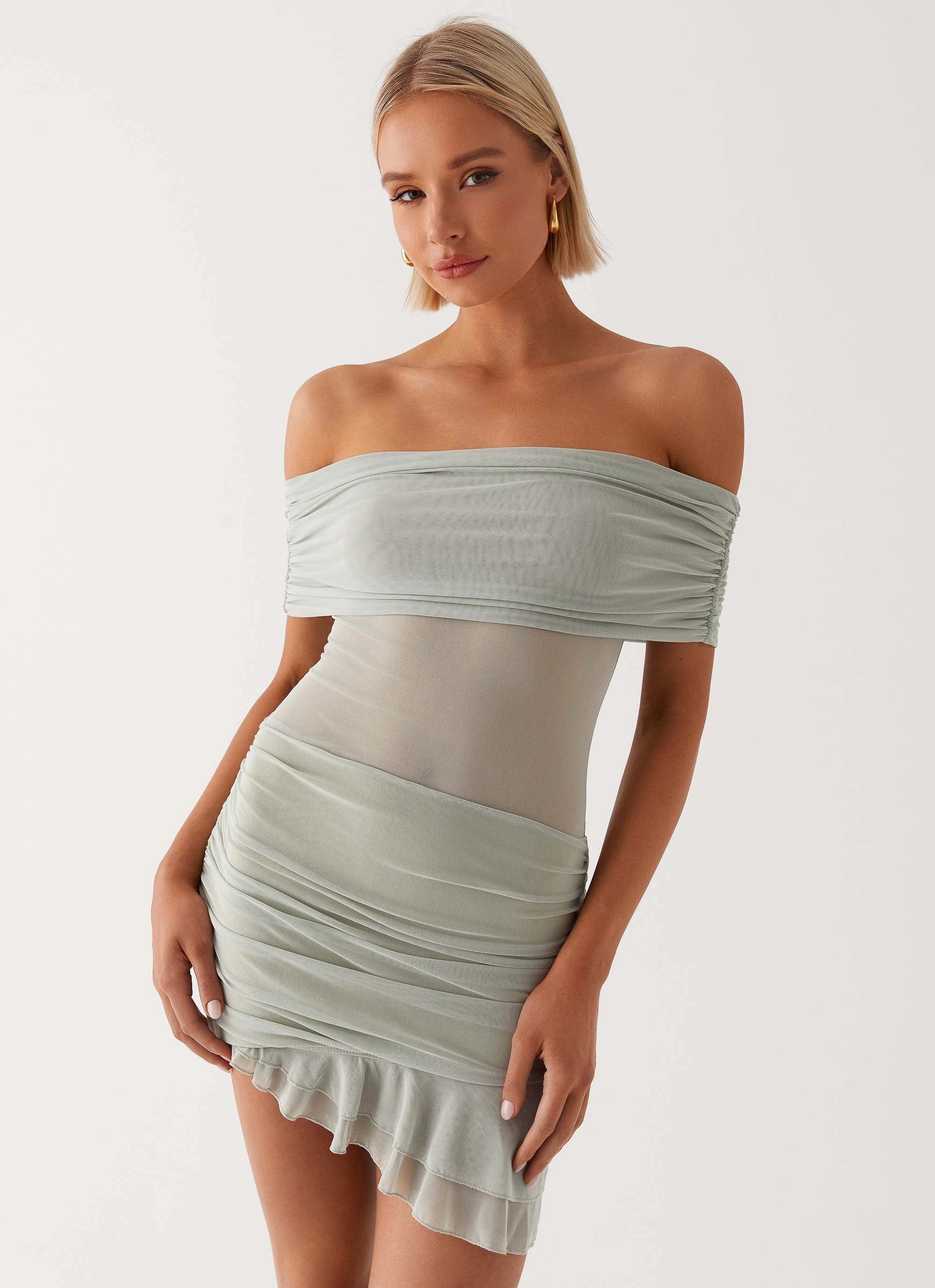 Nelly Off Shoulder Mini Dress - Pistachio Refined Aesthetic Sleek Movement
