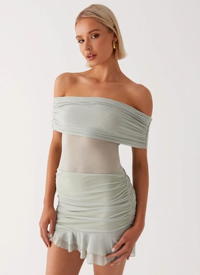 Nelly Off Shoulder Mini Dress - Pistachio Tailored Cut Timeless Style