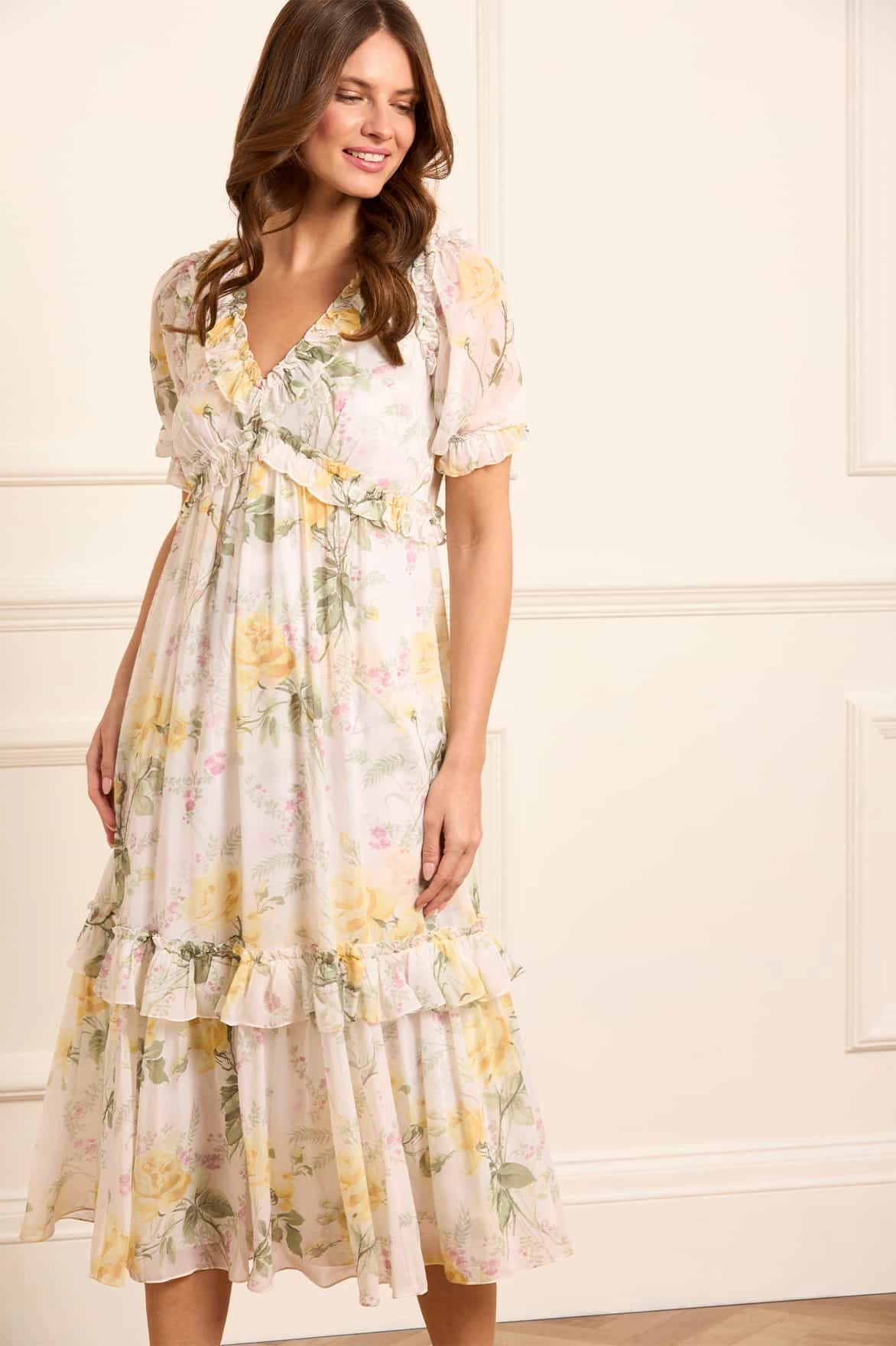 Tie-Detail Rose Chiffon Short Sleeve Ballerina Dress