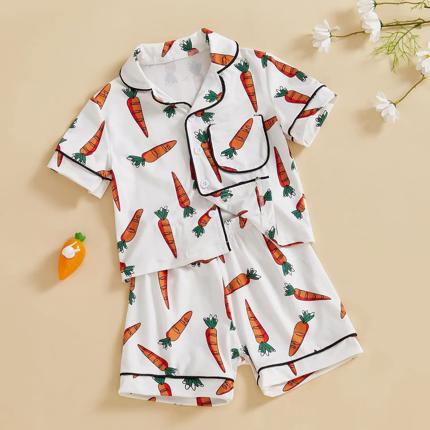 Toddler Baby Boy Girl Easter Silk Pajamas Floral Bunny Short Sleeve Button Shirts Lounge Shorts Satin Pjs Sleepwear