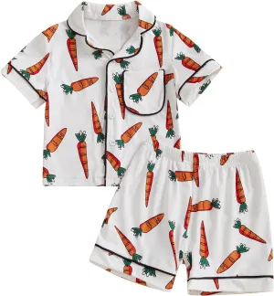 Toddler Baby Boy Girl Easter Silk Pajamas Floral Bunny Short Sleeve Button Shirts Lounge Shorts Satin Pjs Sleepwear