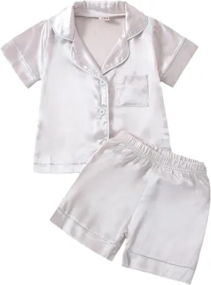 Toddler Baby Girl Boy Silk Pajamas Set Solid Color Short Sleeve Button Shirts Top Shorts Satin Sleepwear Lounge Sets