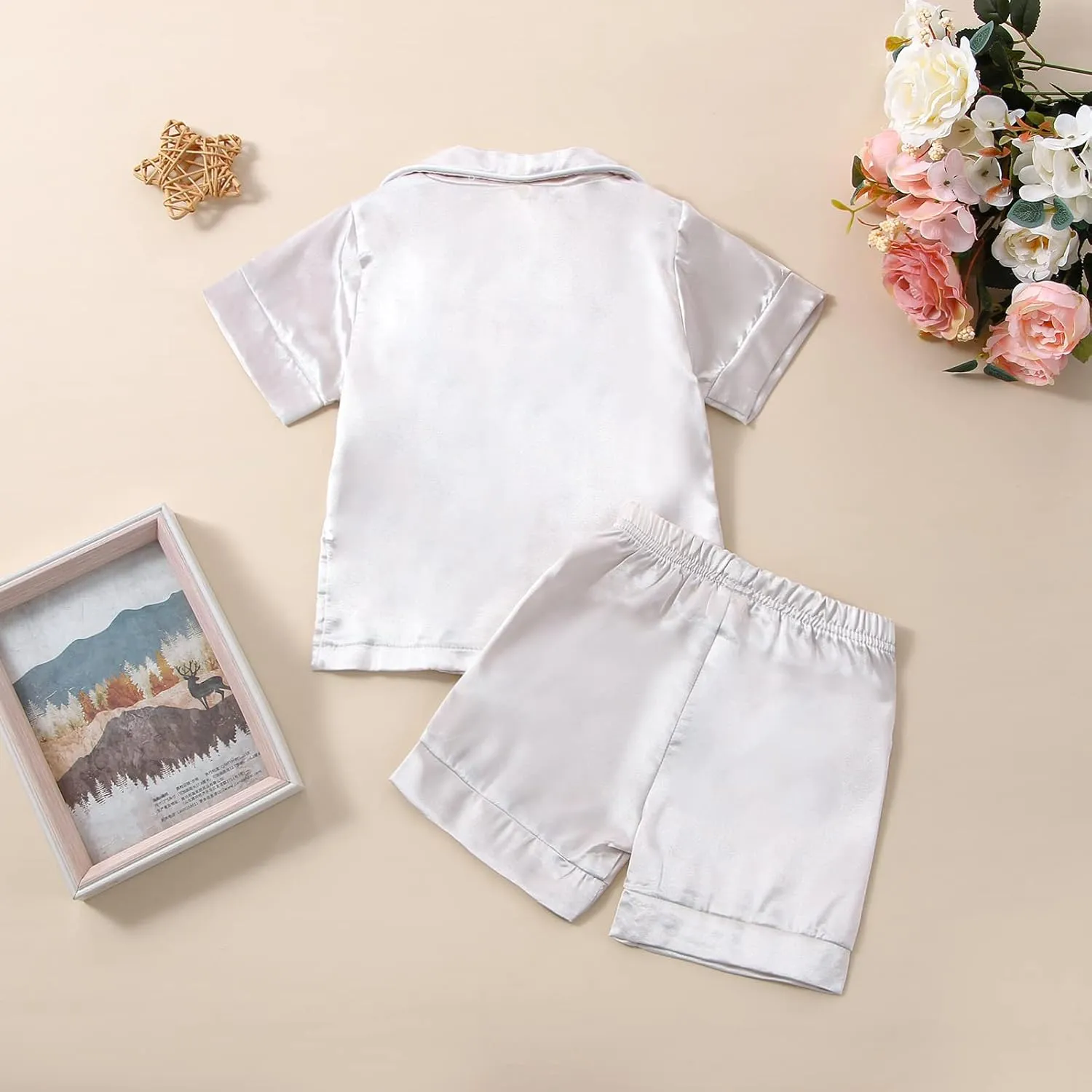 Toddler Baby Girl Boy Silk Pajamas Set Solid Color Short Sleeve Button Shirts Top Shorts Satin Sleepwear Lounge Sets