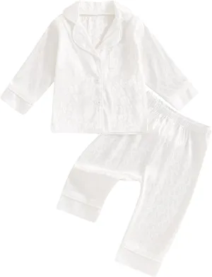 Toddler Baby Girl Boy Silk Pajamas Set Solid Long Sleeve Button Down Shirts Tops and Pants Satin 2PCS Pj Lounge Sets