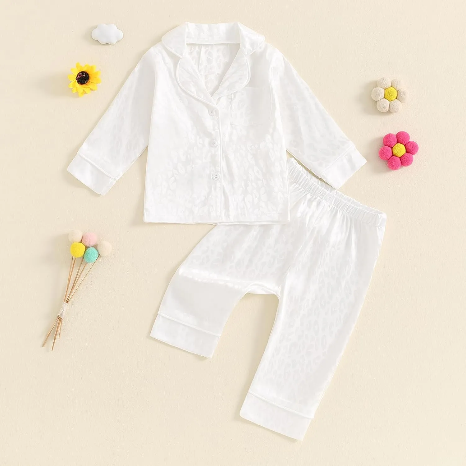Toddler Baby Girl Boy Silk Pajamas Set Solid Long Sleeve Button Down Shirts Tops and Pants Satin 2PCS Pj Lounge Sets