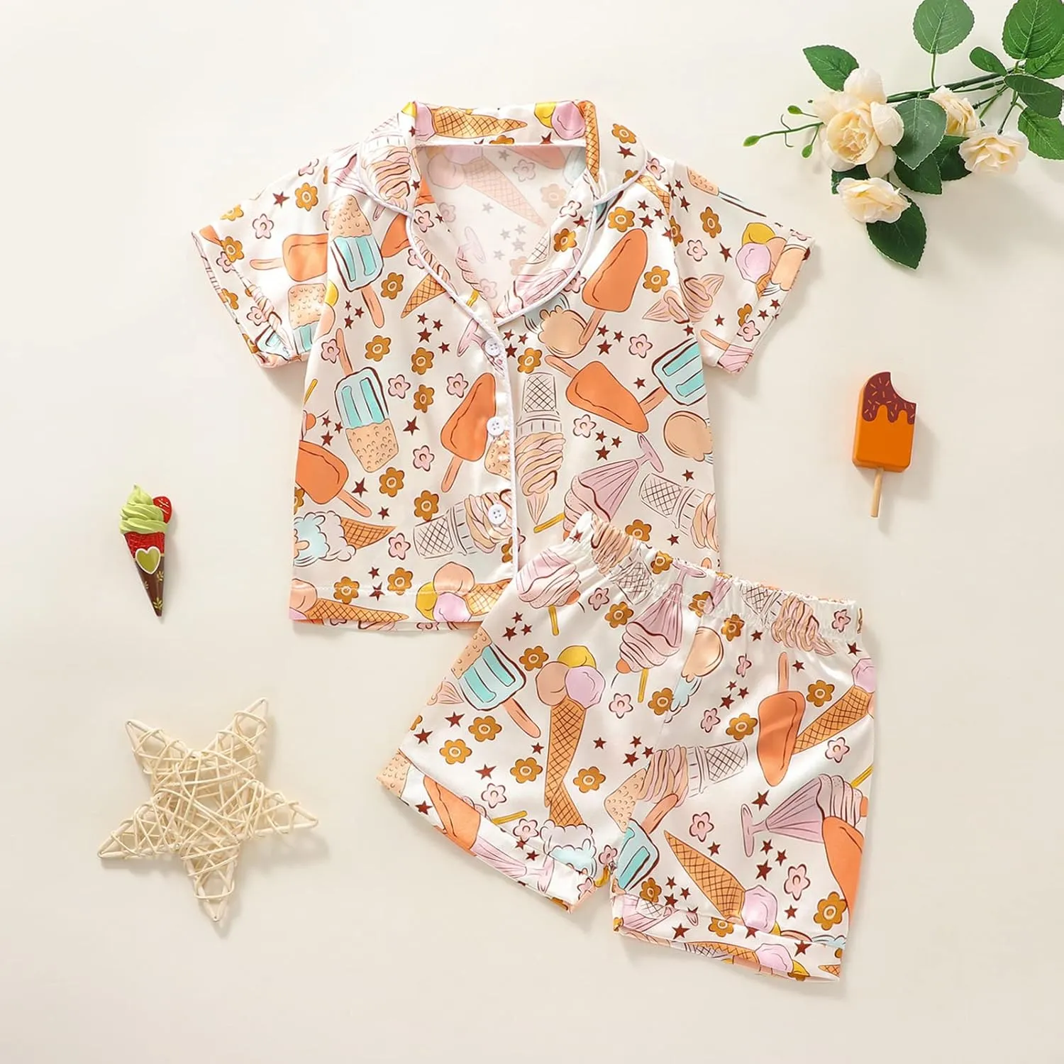 Toddler Baby Girl Silk Pajamas Set Daisy Floral Short Sleeve Button Down Shirt Shorts Summer Satin Sleepwear Cute Pjs