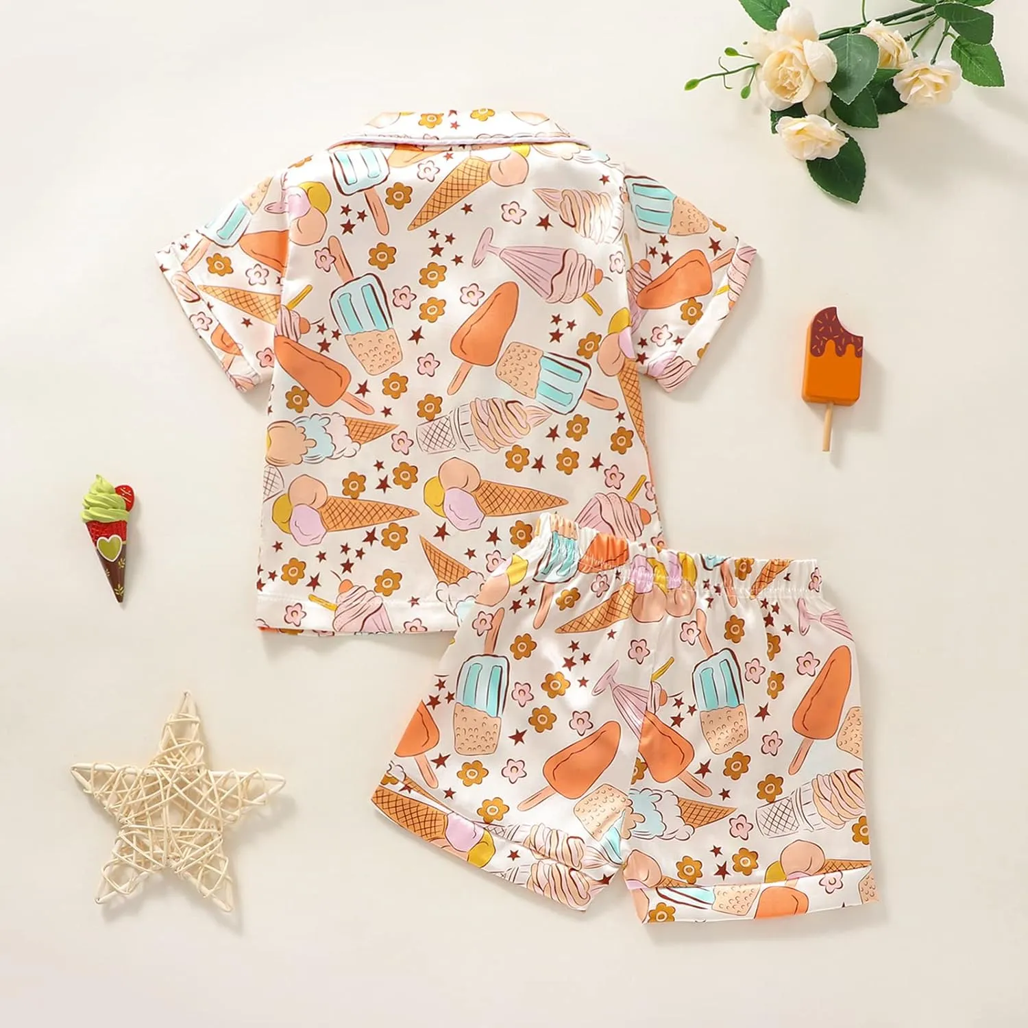 Toddler Baby Girl Silk Pajamas Set Daisy Floral Short Sleeve Button Down Shirt Shorts Summer Satin Sleepwear Cute Pjs