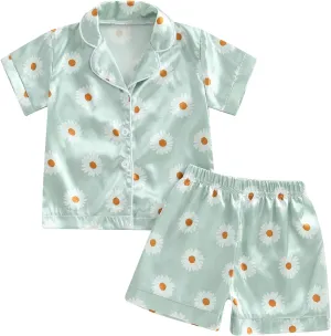 Toddler Baby Girl Silk Pajamas Set Daisy Floral Short Sleeve Button Down Shirt Shorts Summer Satin Sleepwear Cute Pjs