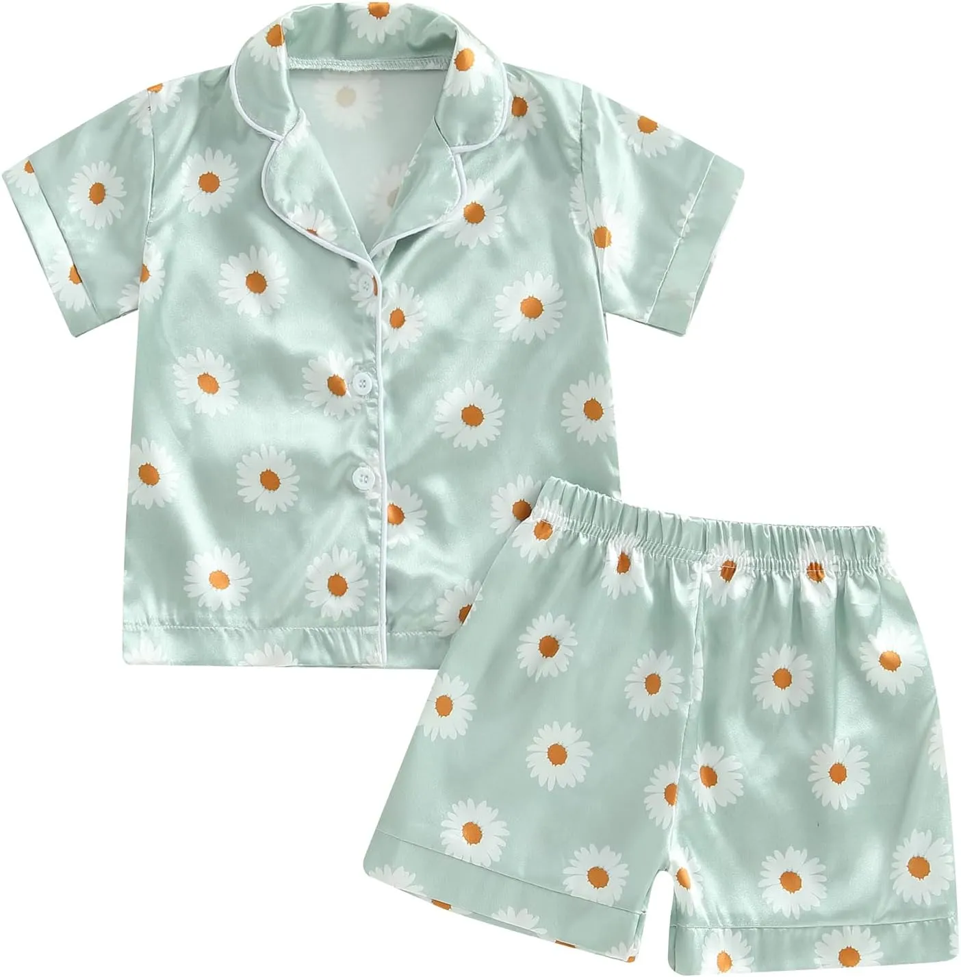 Toddler Baby Girl Silk Pajamas Set Daisy Floral Short Sleeve Button Down Shirt Shorts Summer Satin Sleepwear Cute Pjs