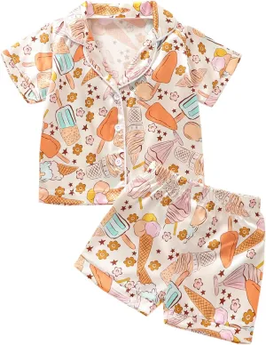 Toddler Baby Girl Silk Pajamas Set Daisy Floral Short Sleeve Button Down Shirt Shorts Summer Satin Sleepwear Cute Pjs