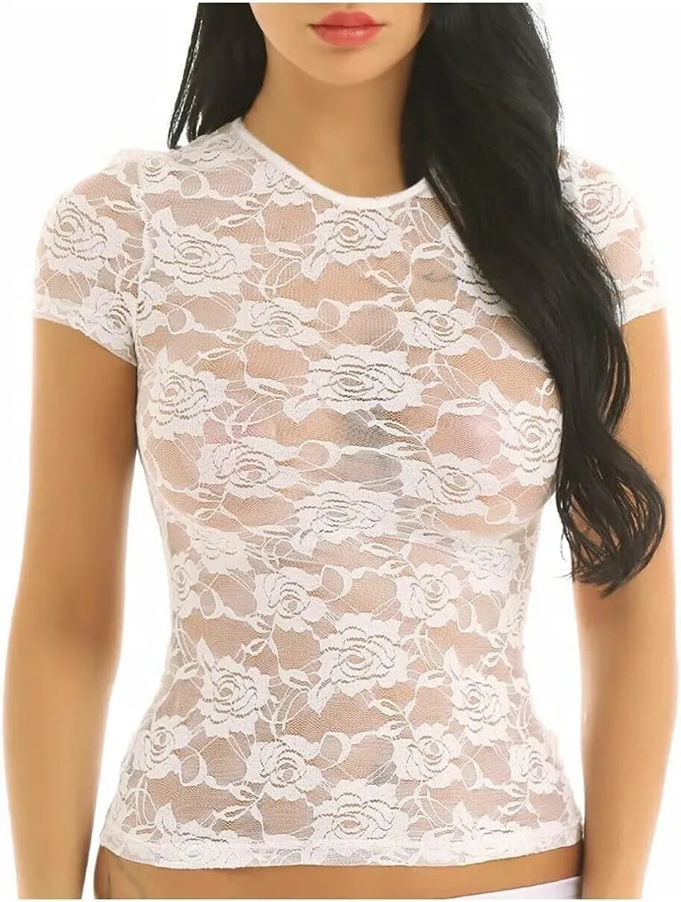 Tops Casual T Women's Sleeve See-Through Crop Mesh Short Shirt Lace Sheer Sexy Valentines Day Gift