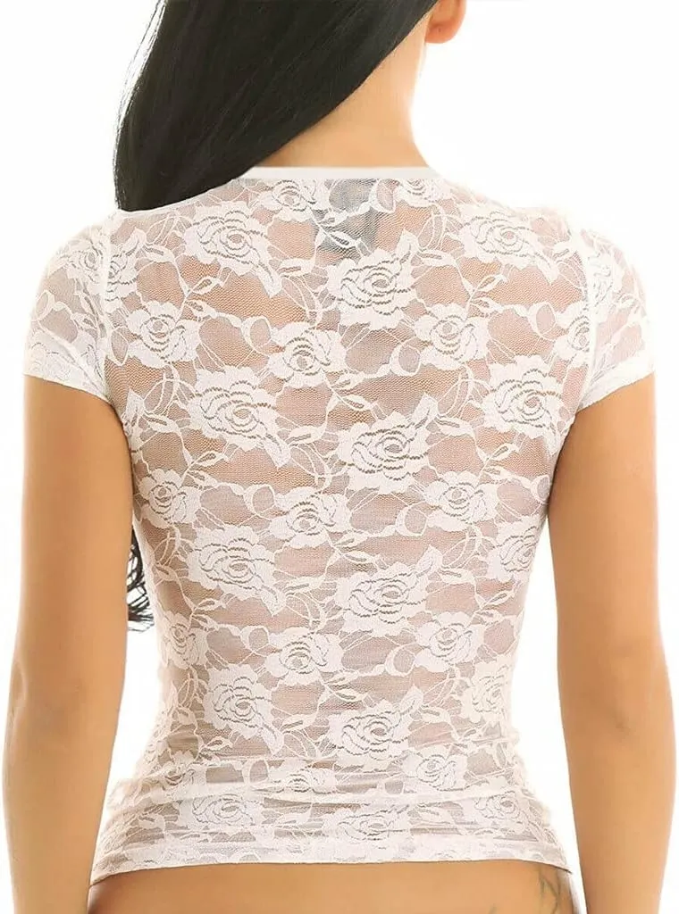 Tops Casual T Women's Sleeve See-Through Crop Mesh Short Shirt Lace Sheer Sexy Valentines Day Gift