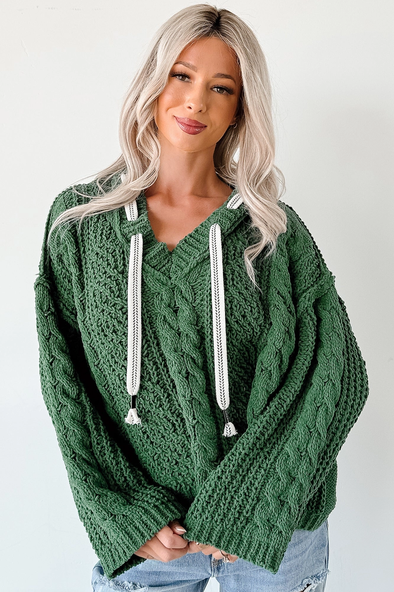 Casual Sweater Total Ease Zenana Cable Knit Sweater Hoodie (Dark Green)