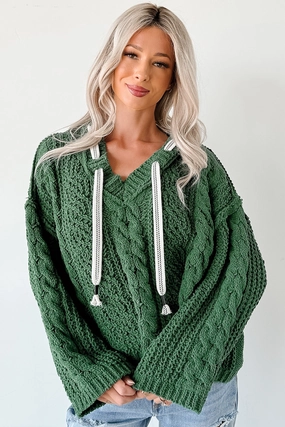 Total Ease Zenana Cable Knit Sweater Hoodie (Dark Green) Ultraviolet Protection Fabric Tagless Neckline