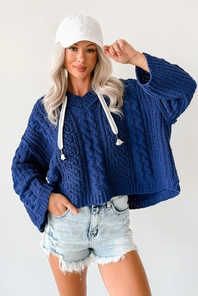 Total Ease Zenana Cable Knit Sweater Hoodie (Light Navy) HypoallergenicConstruction Relaxed Fit Shirt