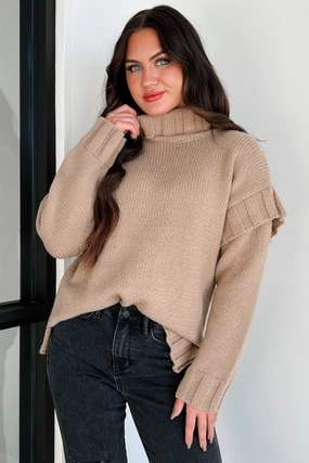TonalStitching Stretchable Material Staying Connected Oversized Turtleneck Sweater (Taupe)