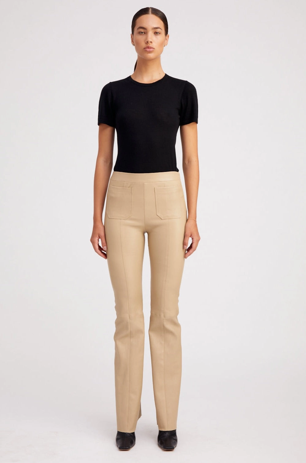 Travertine Leather Patch Pocket Super Flare Pants Layer Ready Non Slip Waistband