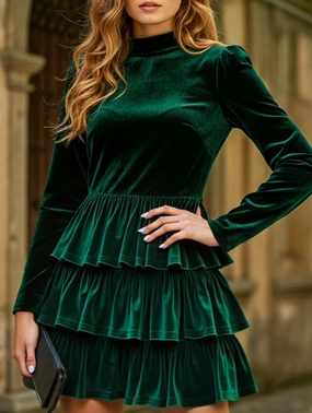 Pleated solid color high waist slim dress Skirt Flare Motion Light