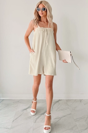 Side slits Chill & Chat Linen Drawstring Romper (Oat)