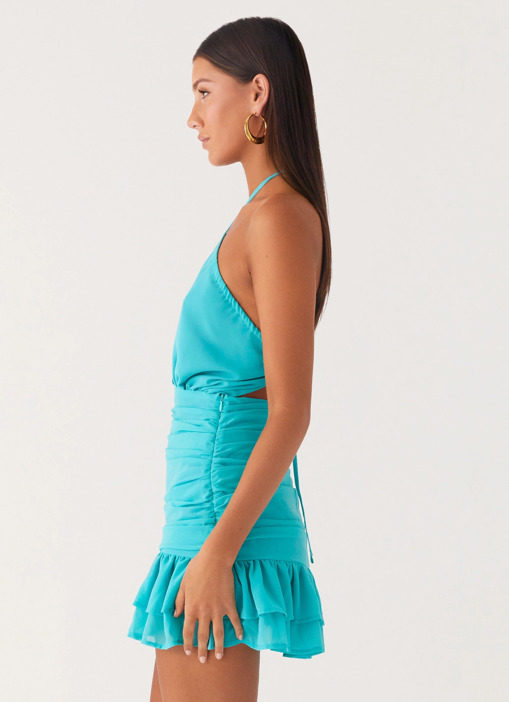 Minimal Detail Egoist Crossover Mini Dress - Aqua Blue