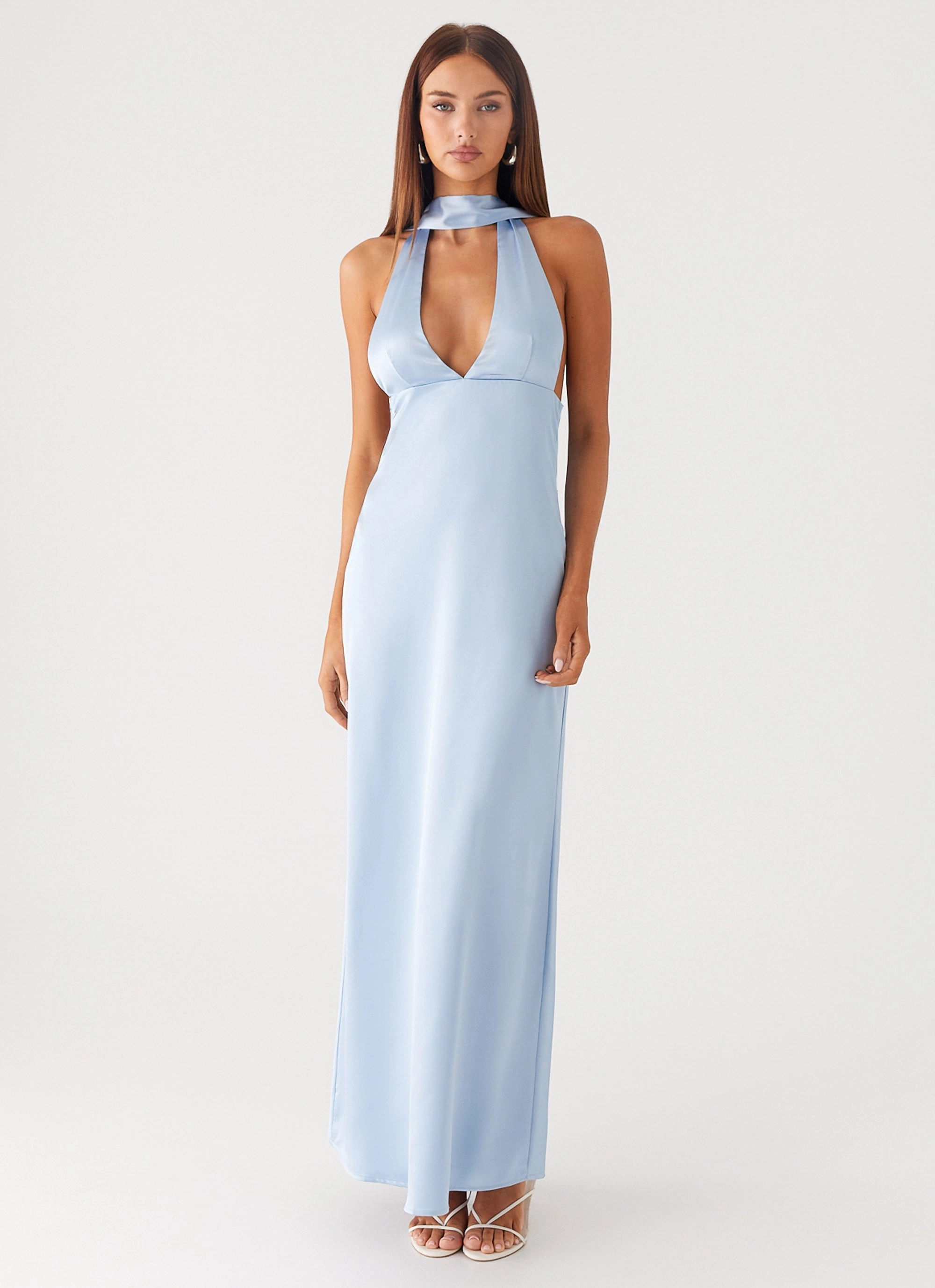 Alicia Satin Halter Maxi Dress - Baby Blue Chilly Weather Wear Spring Mood