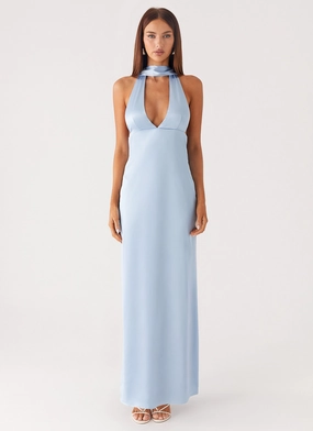 Slit Detail Formal Setting Alicia Satin Halter Maxi Dress - Baby Blue