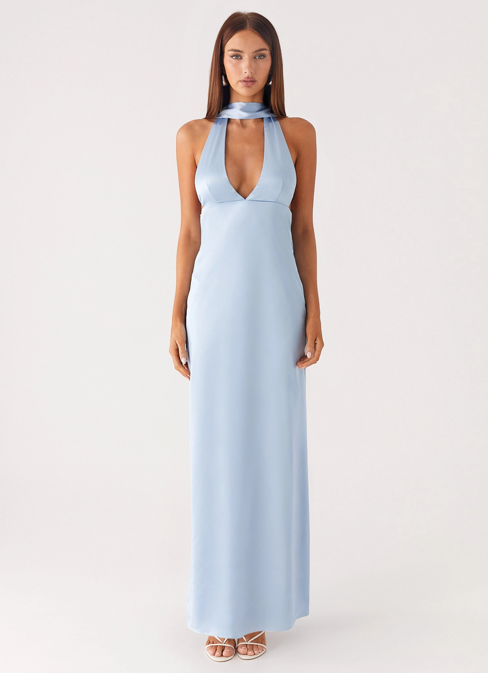 Slit Detail Formal Setting Alicia Satin Halter Maxi Dress - Baby Blue