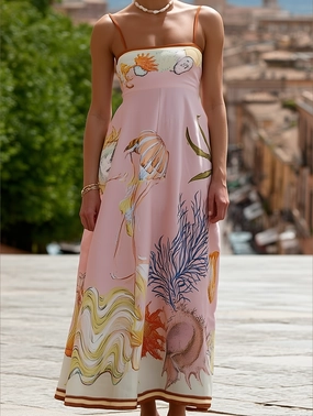 Vilamoura Marine Print Strappy Swing Sundress in Pink ??Summer Flowy Sleeveless Dress Easy Match Elegant Layer