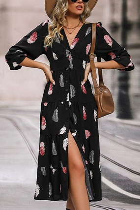 Night Style WOMEN FEATHER PRINTING LONG SLEEVE V NECK DRESS