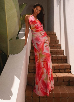 Elysia Mesh Maxi Dress - White Pink Lilly Night Ready Golden Scene