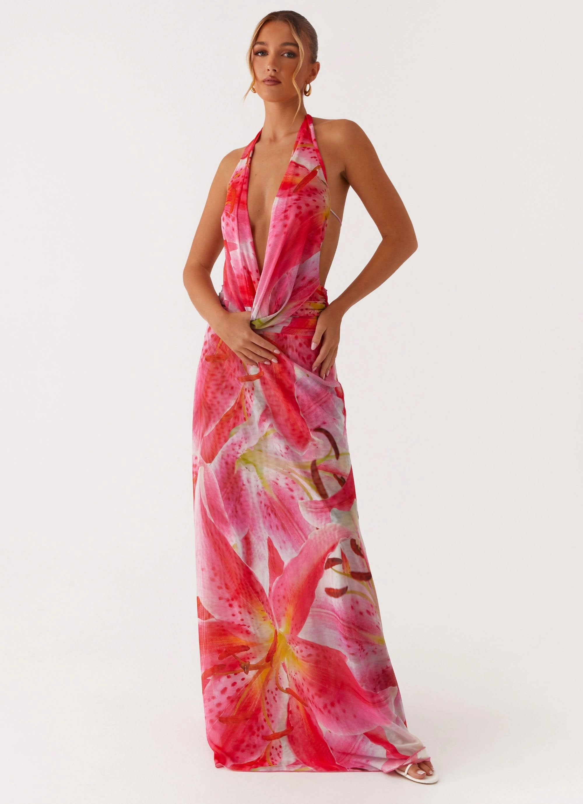 Elysia Mesh Maxi Dress - White Pink Lilly Relaxed and Elegant Front-Zip