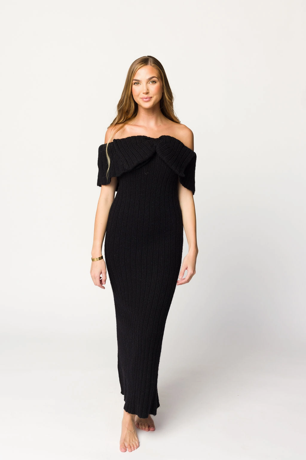 Aston Bow Front Maxi Sweater Dress in Black - Bump Friendly Cozy Energy Breezy Mood