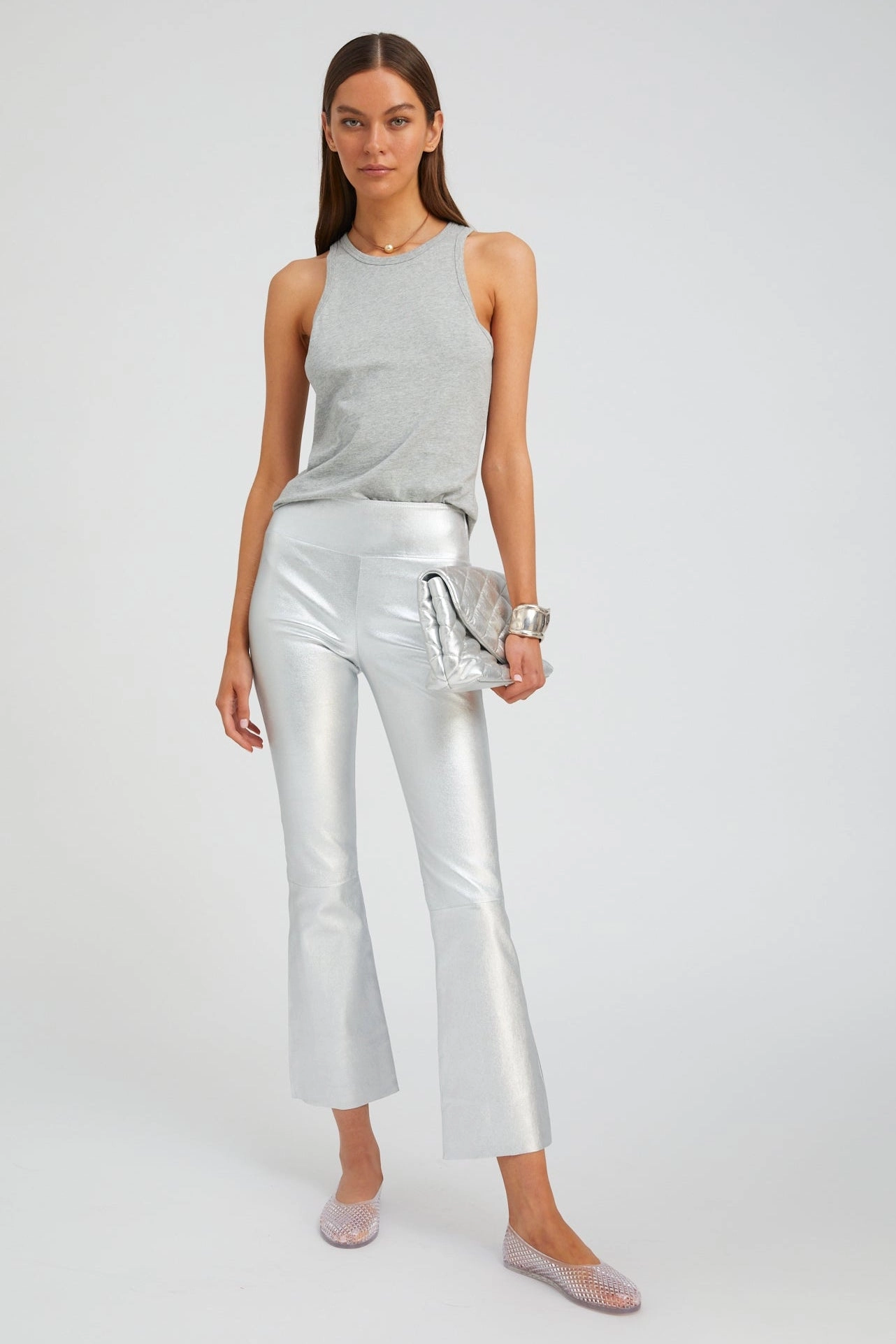 Metallic Silver Leather Ankle Flare Modern Performancewear Ultra Durable