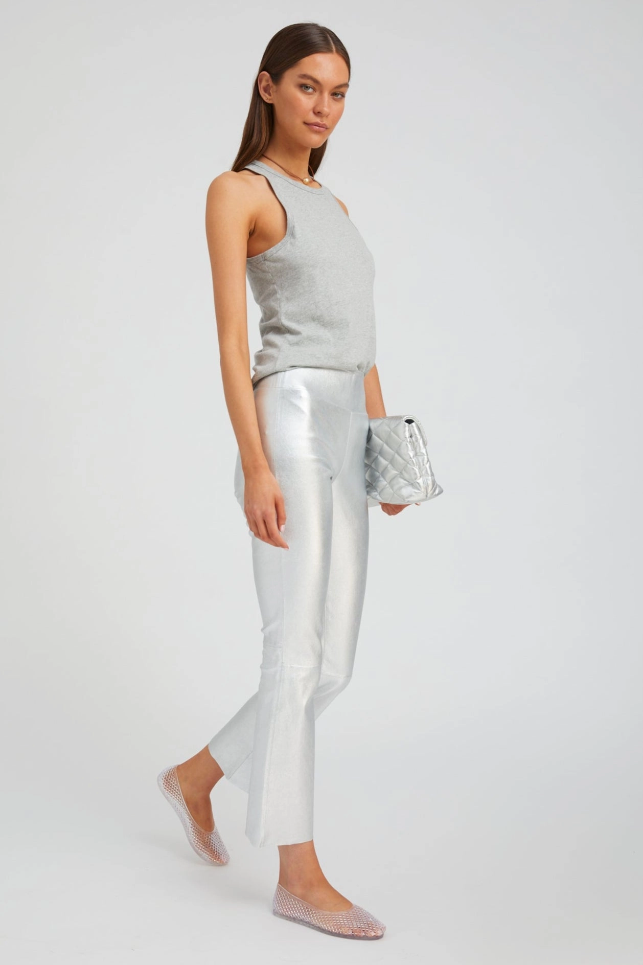 Flexible Wear Evening Walk Metallic Silver Leather Ankle Flare