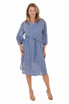 Trendy Layering Asymmetrical hem Pinstripe Belted Dress