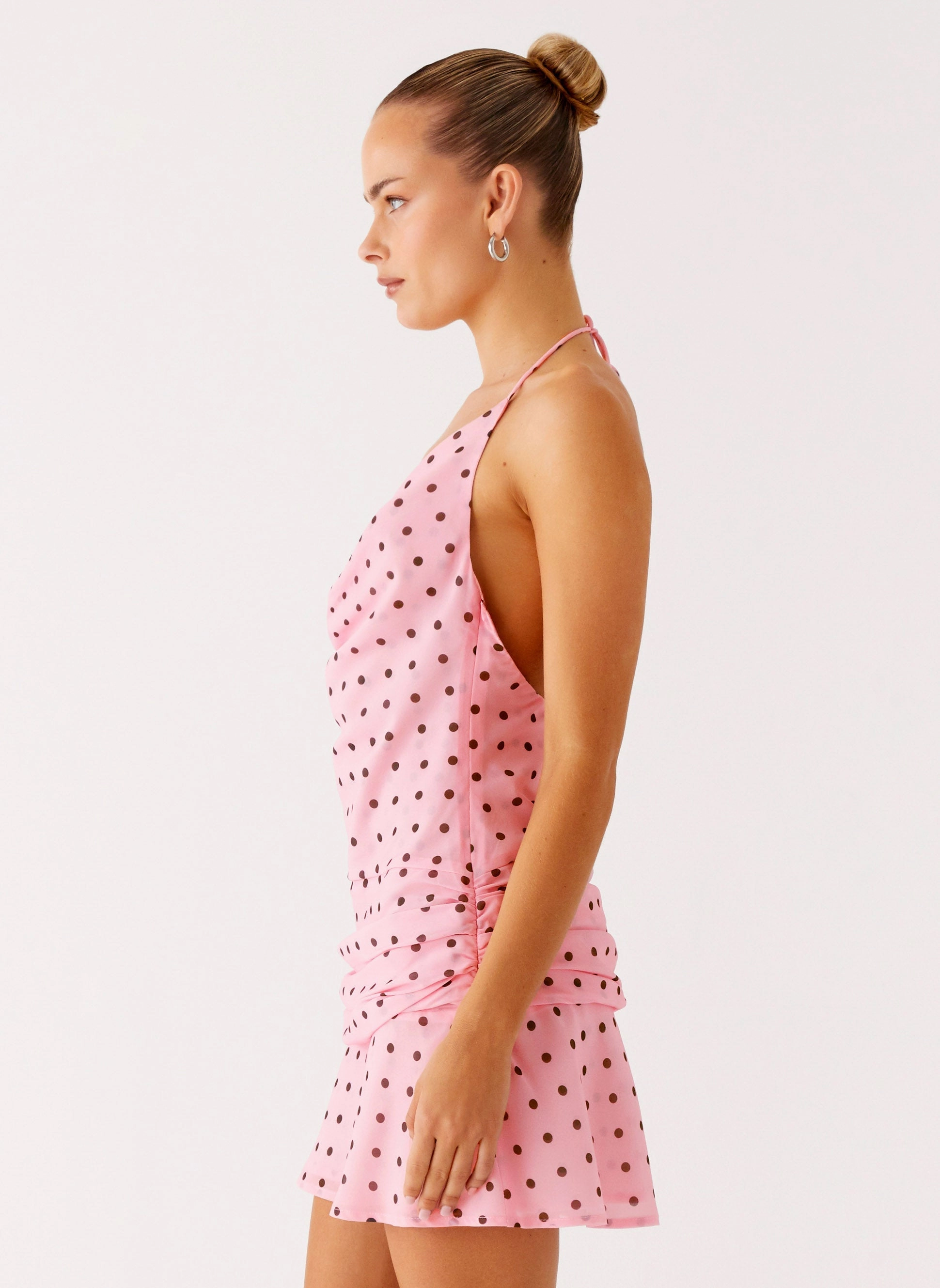 Cyna Cowl Mini Dress - Strawberry Dot Silky Shine Stylish Appeal