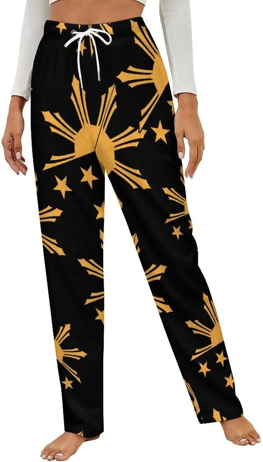 Tribal Filipino Philippines Sun And Stars Flag Women's Flannel Pajama Pants Fleece Lounge Sleep Bottoms PJ