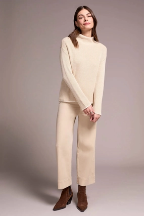Weighted Hem Convertible Sleeve Adaptation Tribal Combed Cotton Two-Tone Rib Funnel Neck Sweater in Moonstone