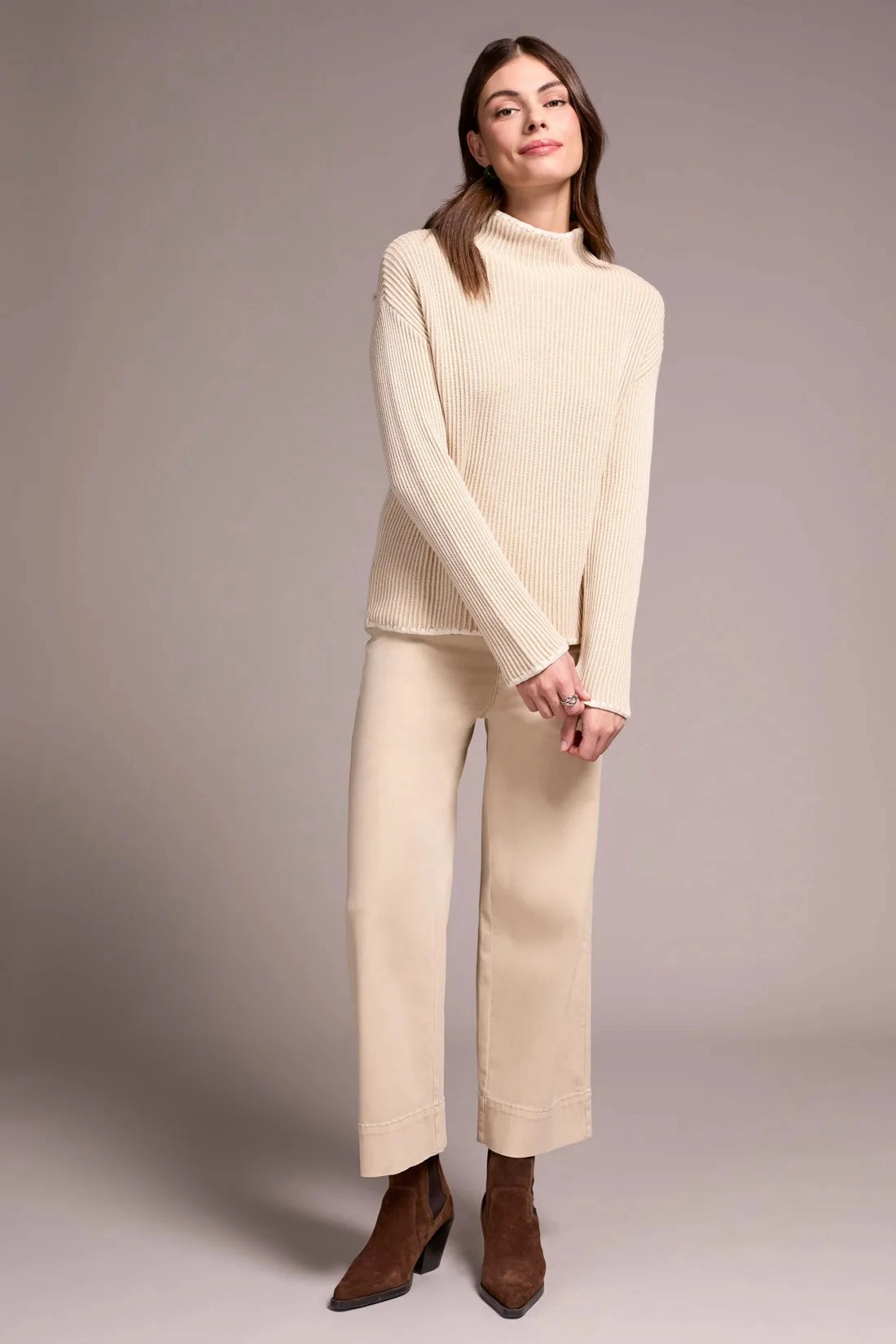 Tribal Combed Cotton Two-Tone Rib Funnel Neck Sweater in Moonstone Relaxed Blouse