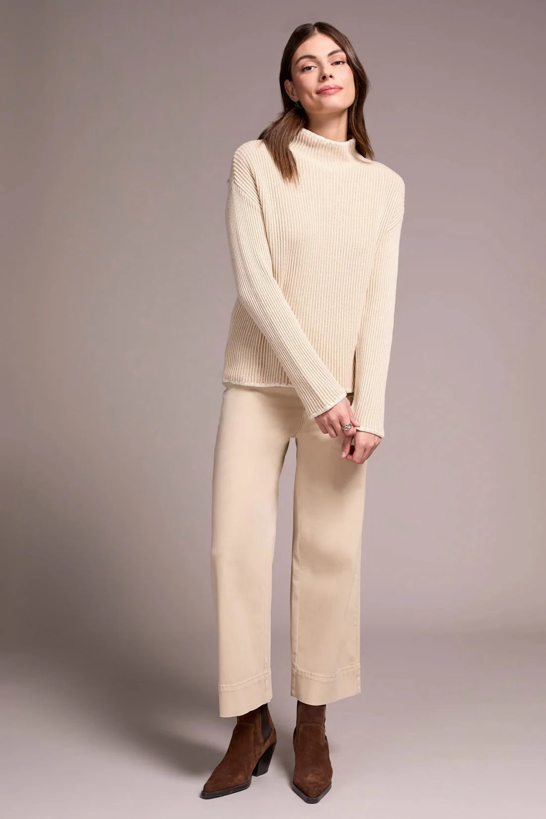 Weighted Hem Convertible Sleeve Adaptation Tribal Combed Cotton Two-Tone Rib Funnel Neck Sweater in Moonstone