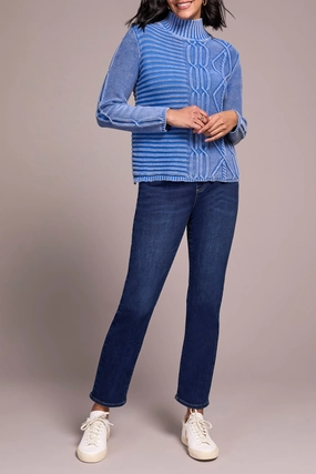 Elastic Edge Binding FlexibleMobility Tribal Mock Neck Sweater in Blue