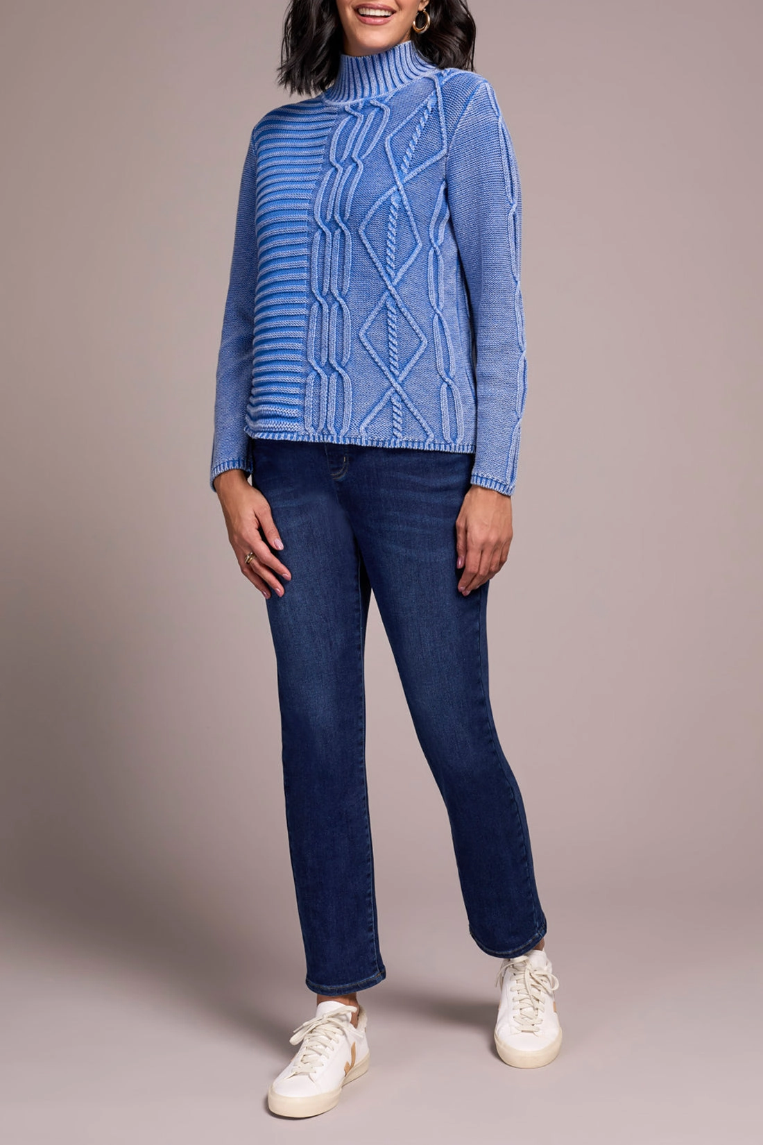 Tribal Mock Neck Sweater in Blue HypoallergenicFibers ButtonFront